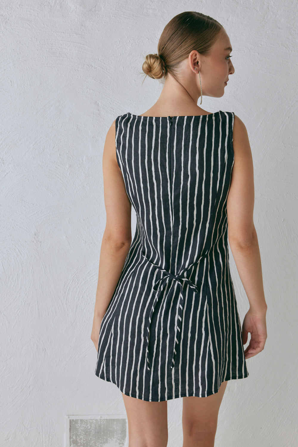 Chloe Linen Mini Dress Black Stripe