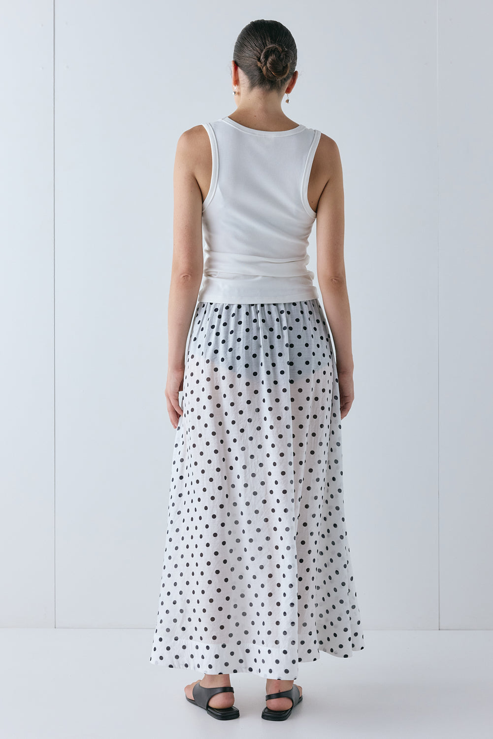 Solara Sheer Midi Skirt White Polka Dot