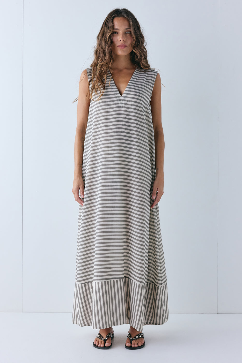 grey striped maxi dress VRG GRL Women's' 'Colette Maxi Dress Grey Stripe 6