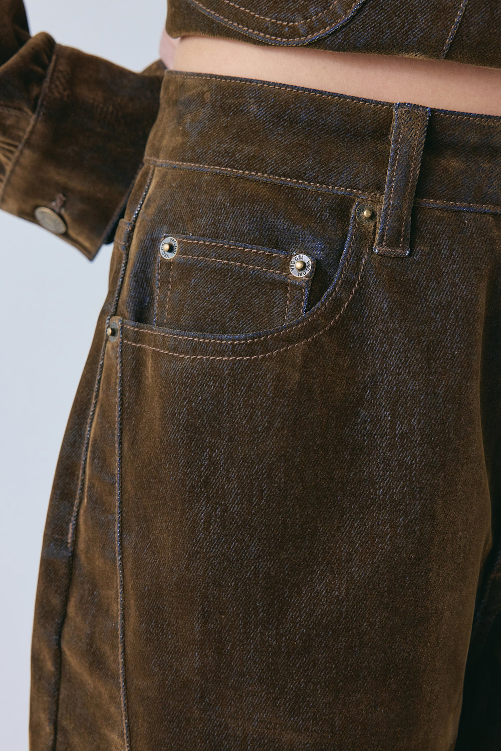 Aspen High Rise Barrel Flocked Denim Jeans Brown