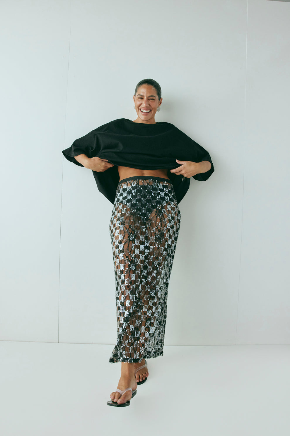 Devyn Sequin Midi Skirt Black – VRG GRL