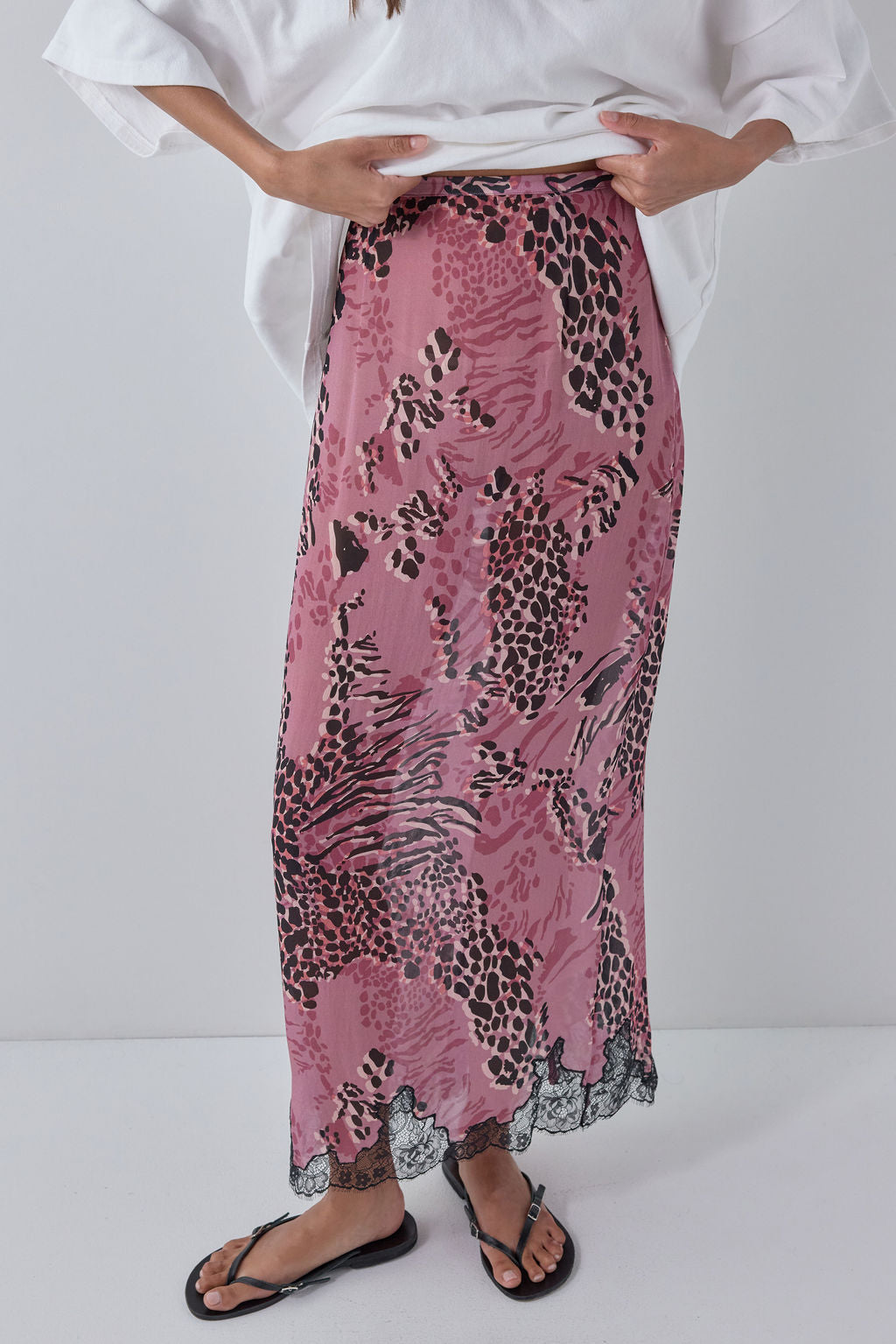 Devyn Sheer Midi Skirt Mauve Leopard 