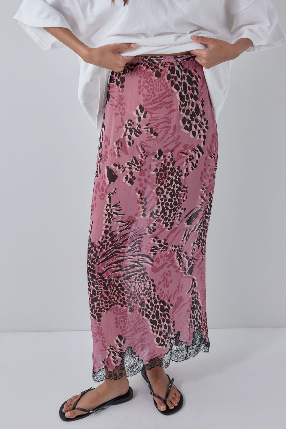 Devyn Sheer Midi Skirt Mauve Leopard 
