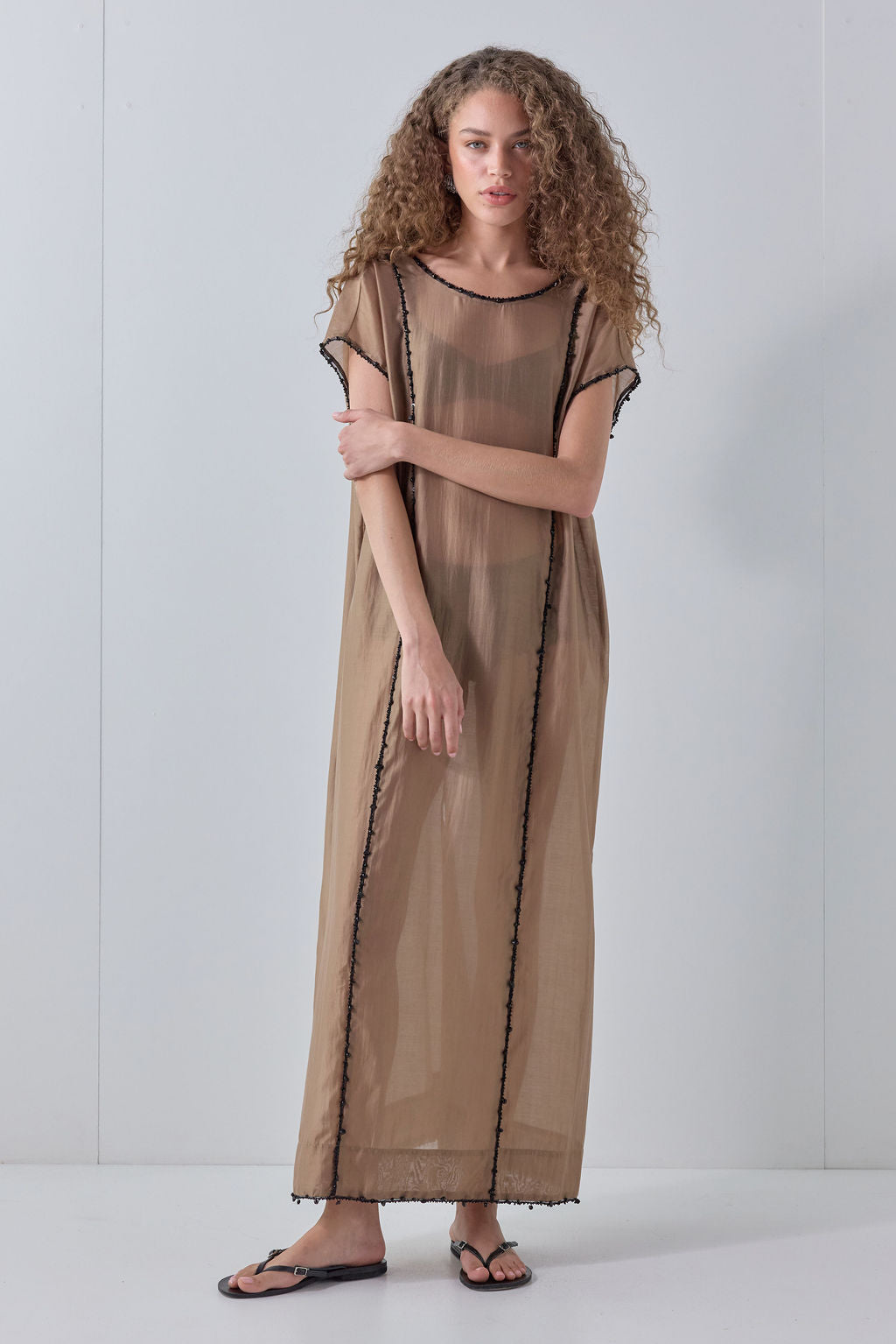 Anouk Beaded Sheer Maxi Dress Brown