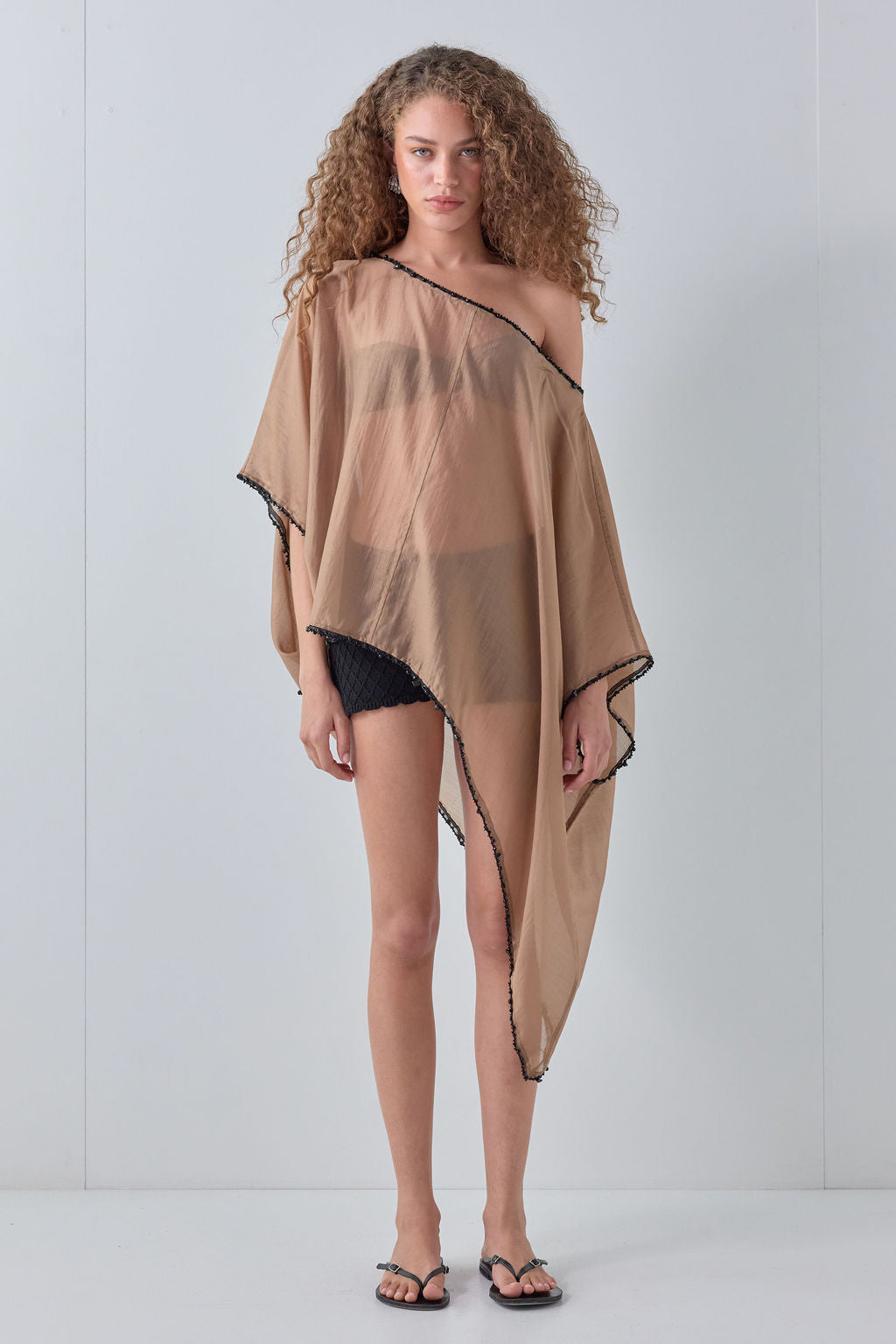 Yana Beaded Sheer Tunic Top Brown