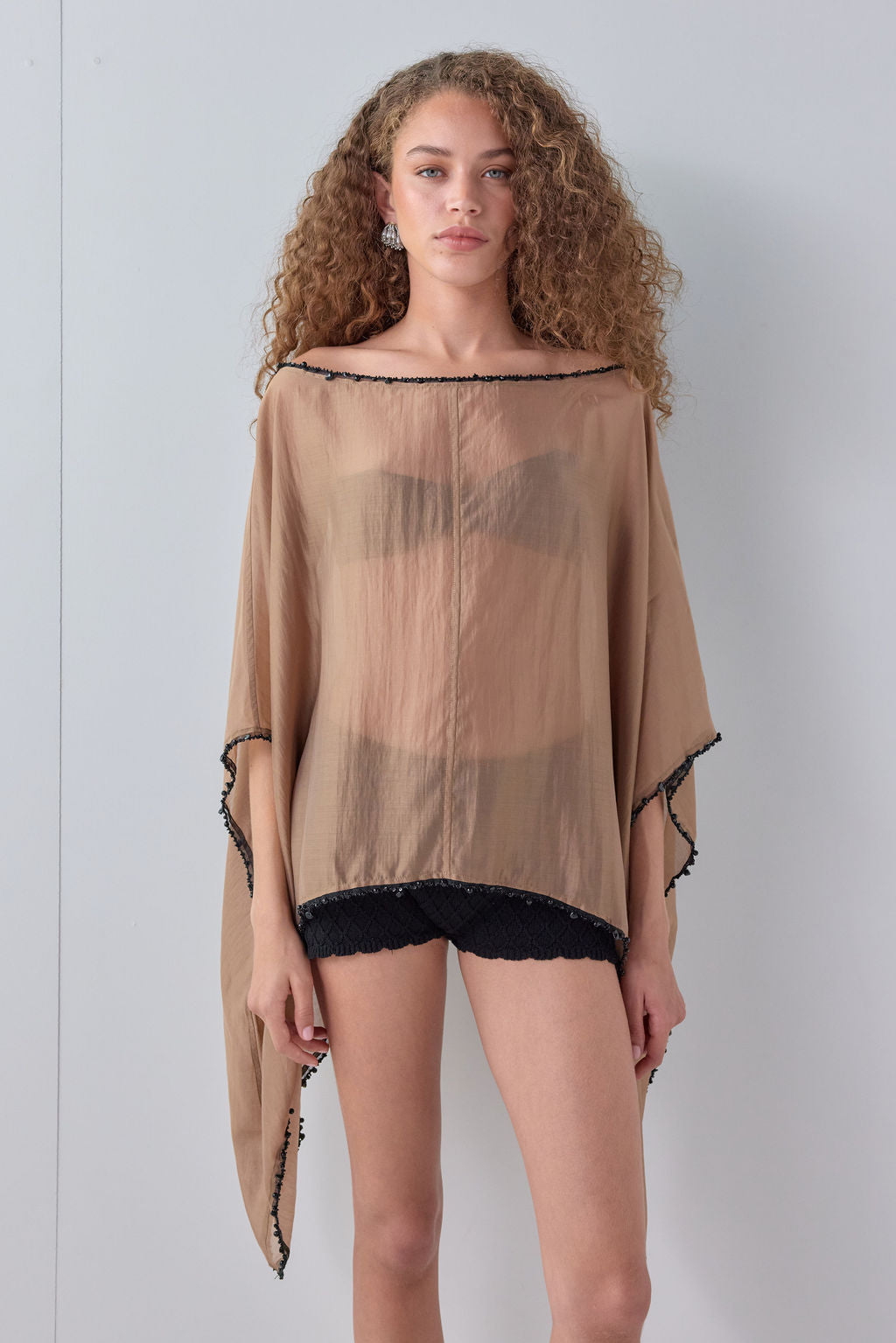 Yana Beaded Sheer Tunic Top Brown