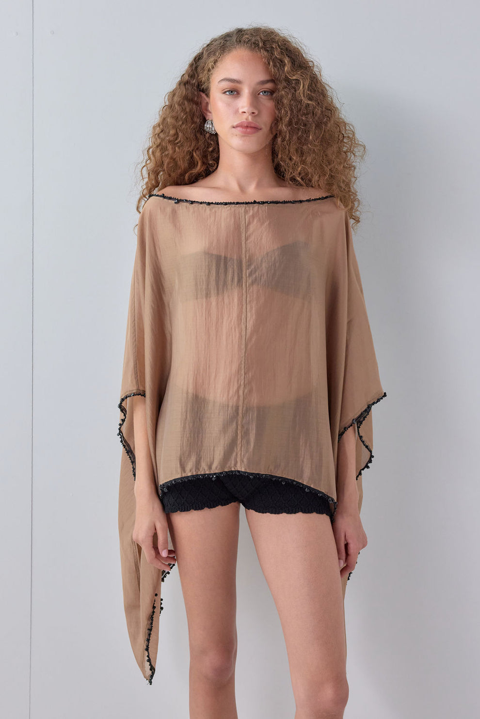 Yana Beaded Sheer Tunic Top Brown