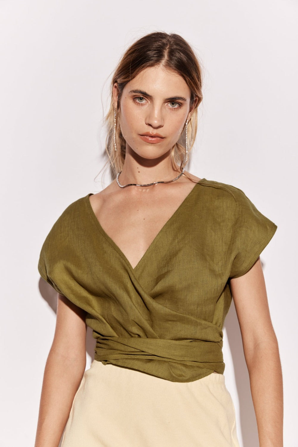 Sea Glass Linen Wrap Top Olive VRG GRL