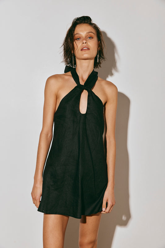 Natassia Linen Halter Mini Dress Black
