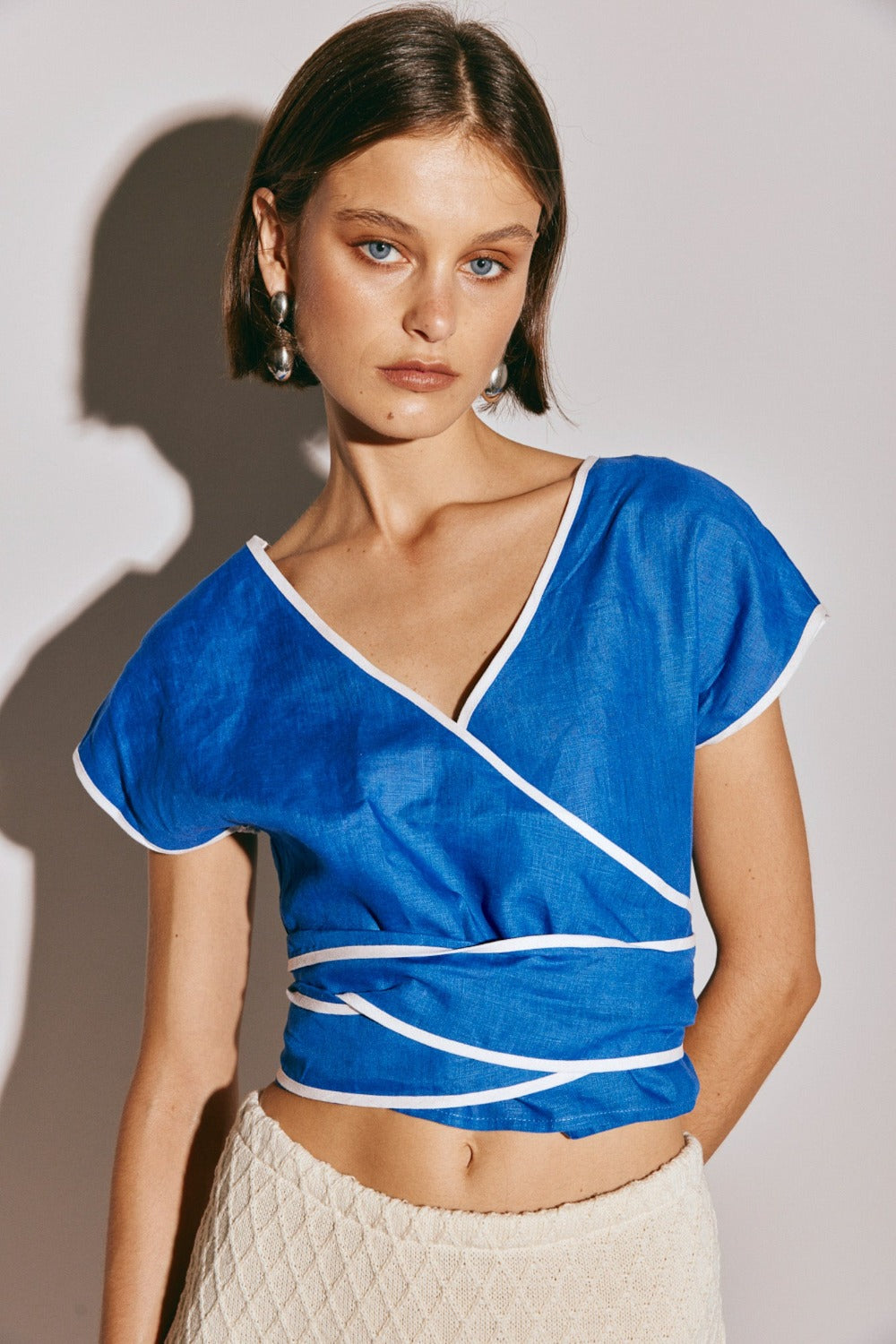 Sea Glass Linen Wrap Top Blue VRG GRL