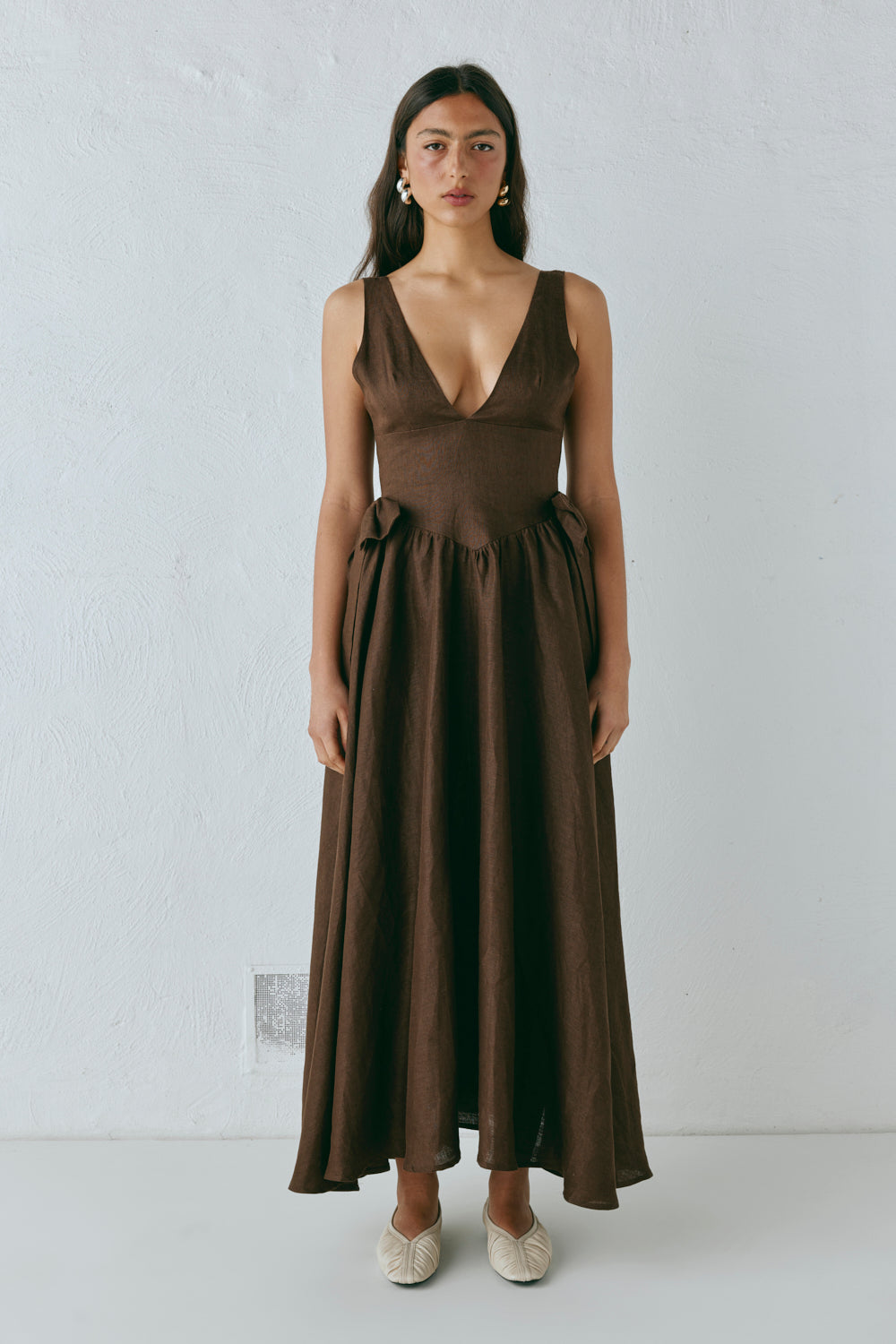 Daphne Linen Midi Dress Chocolate VRG GRL Daphne Linen Midi Dress Chocolate VRG GRL