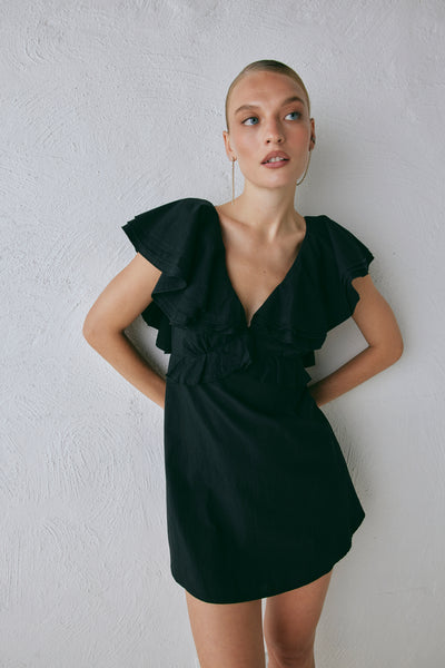 ORGUE Frill mini one-piece【Black】 Long-Sleeve Ruffled Lace Mini Dress in Black ORGUE Frill mini one