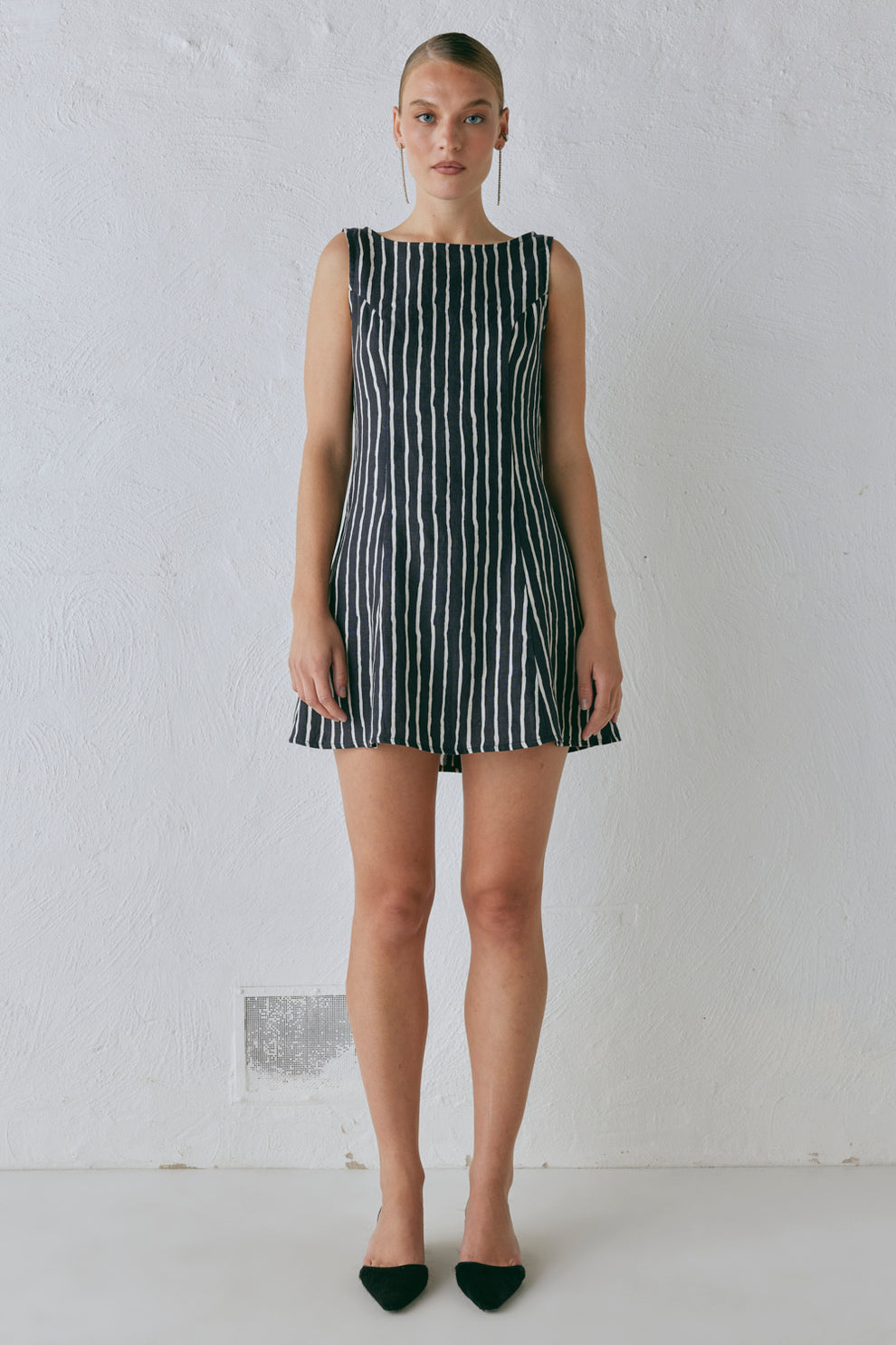 Chloe Linen Mini Dress Black Stripe VRG GRL Chloe Linen Mini Dress Black Stripe VRG GRL