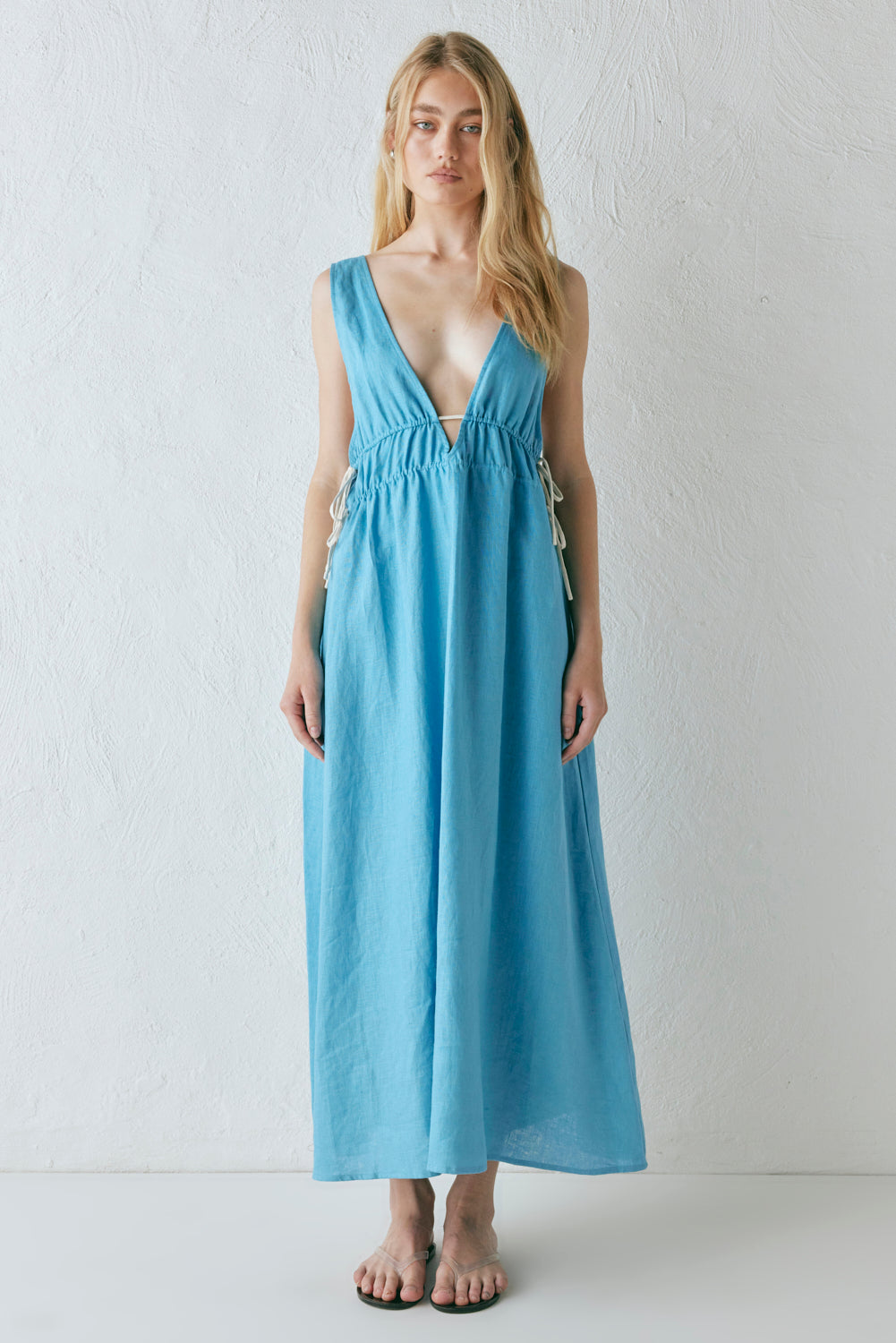 Paros Palms Linen Midi Dress Sea - size:Samira:AU 6 / US 2