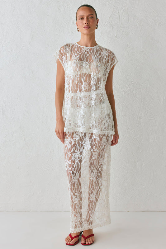 Devyn Sequin Midi Skirt White- size:Casey:AU 8 / US 4