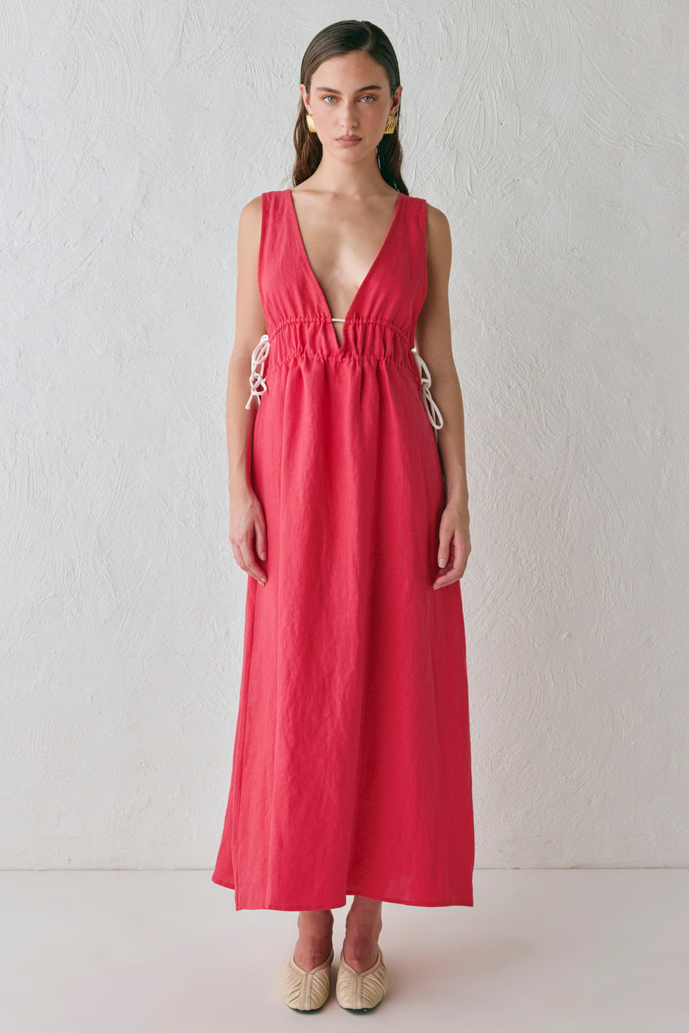 Paros Palms Linen Midi Dress Red – VRG GRL - Main Image