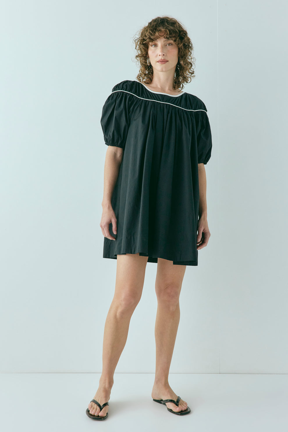 black smock mini dress Lainey Black Puff Sleeve Eyelet Smocked Mini Dress M / Black