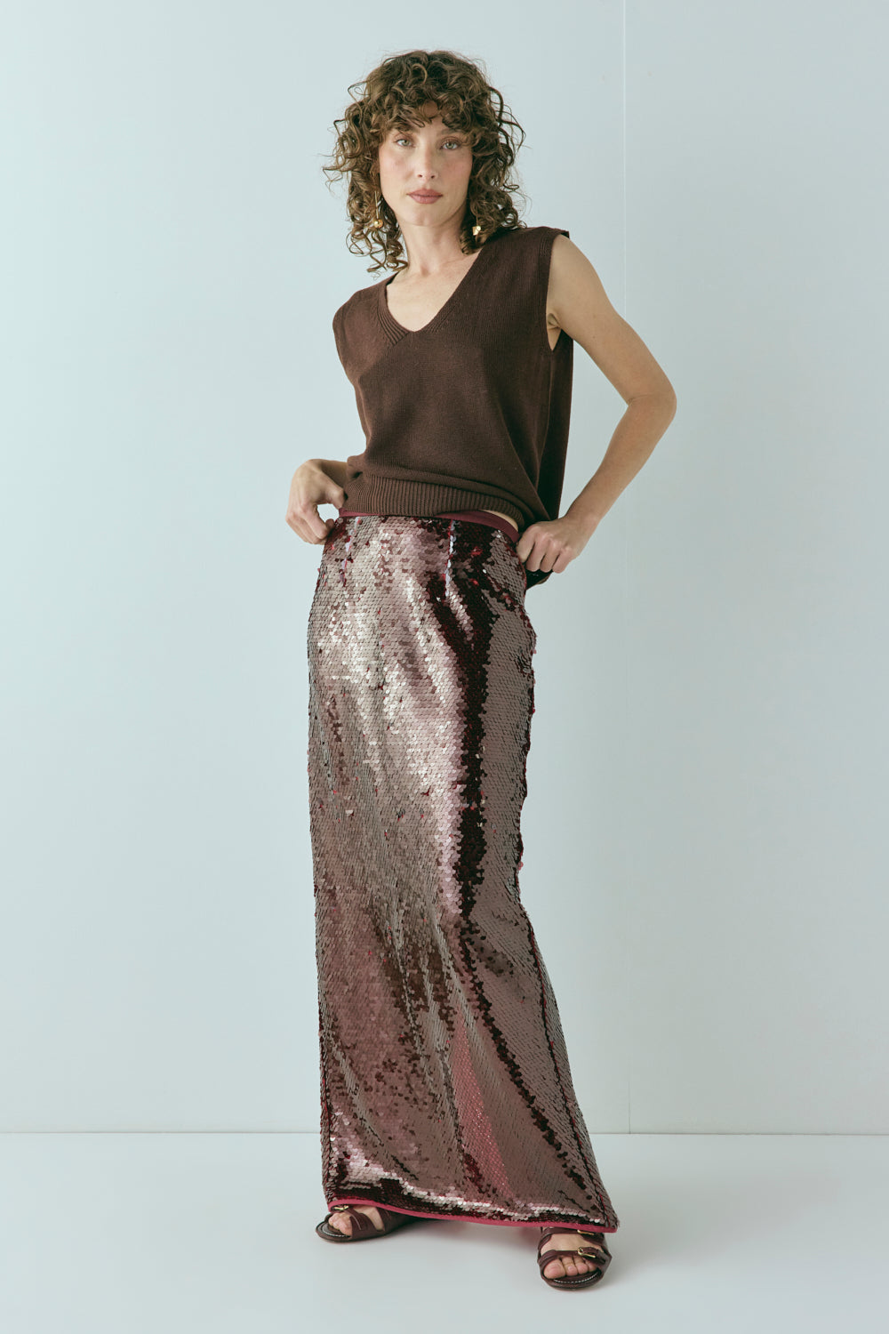 Devyn Sequin Midi Skirt Wine
