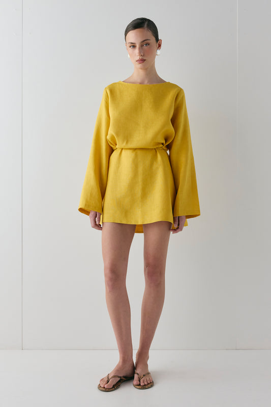 Sabine Linen Mini Dress Mustard - size:Carol:AU 6 / US 2