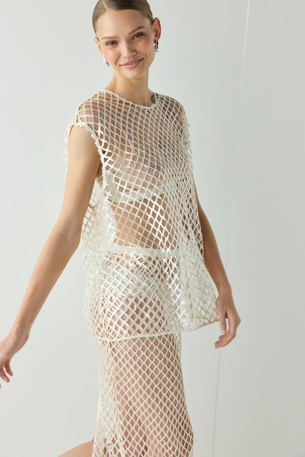 Velda Sequin Net Top Cream