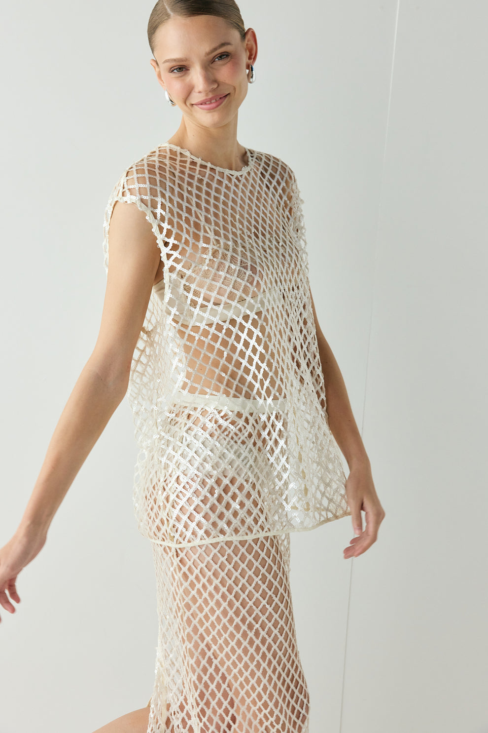 Velda Sequin Net Top Cream