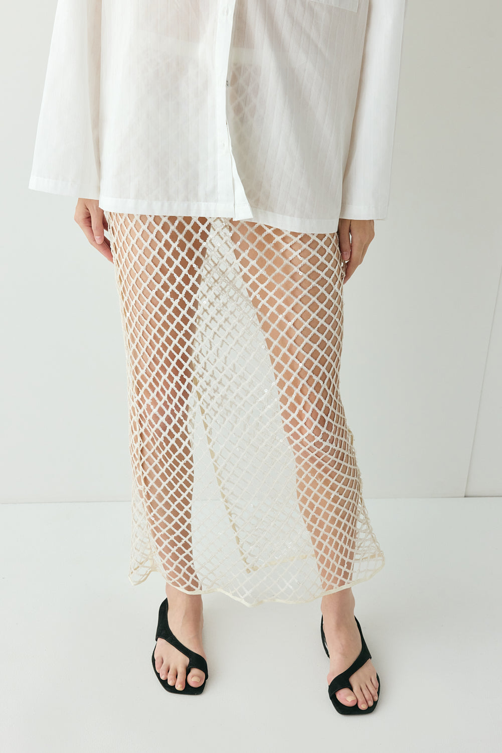 Devyn Sequin Net Midi Skirt Cream