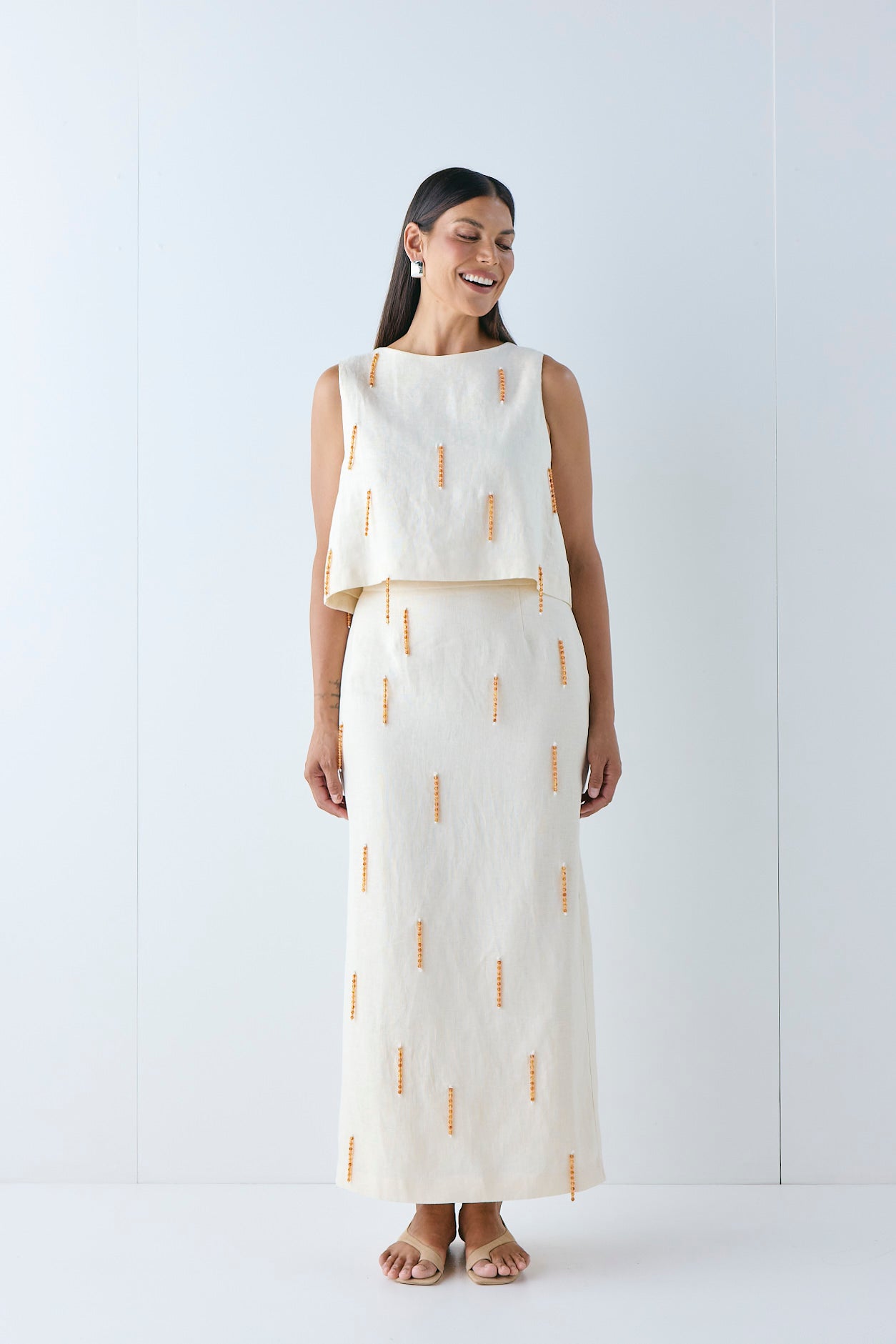 Devyn Linen Midi Skirt Cream - size:Pala:AU 12 / US 8