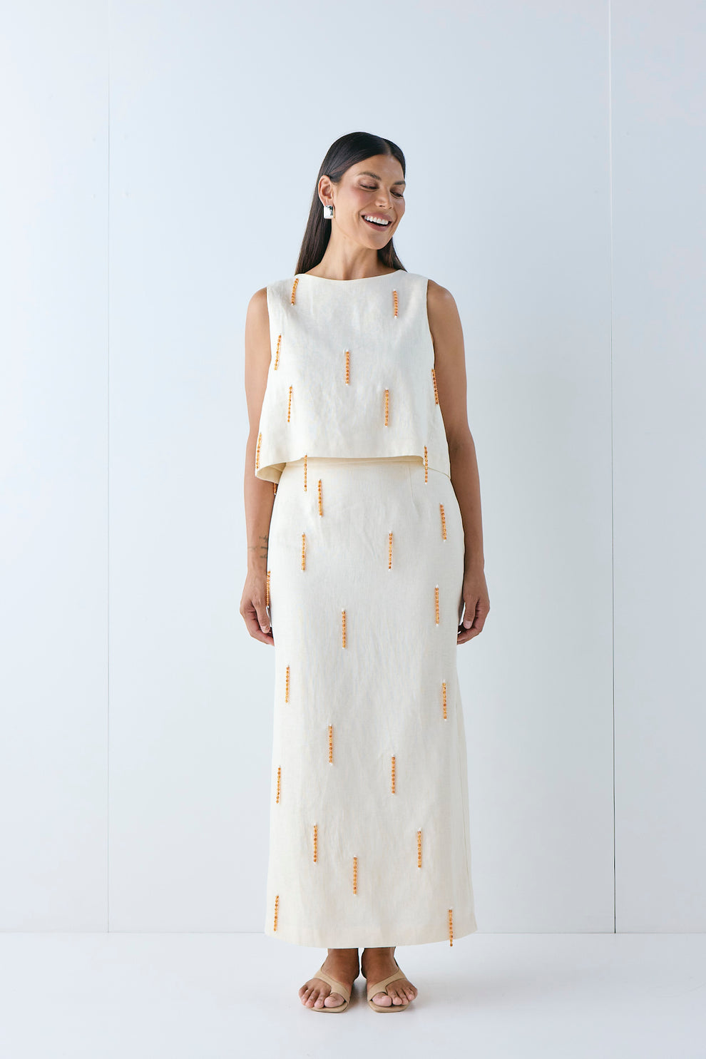 Devyn Linen Midi Skirt Cream - size:Pala:AU 12 / US 8