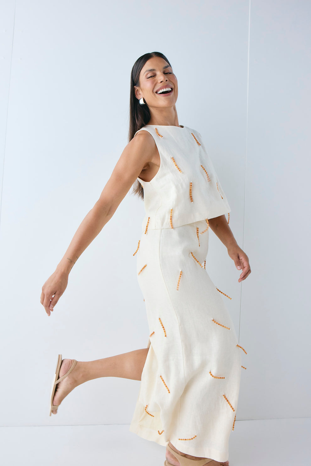 Devyn Linen Midi Skirt Cream - size:Pala:AU 12 / US 8