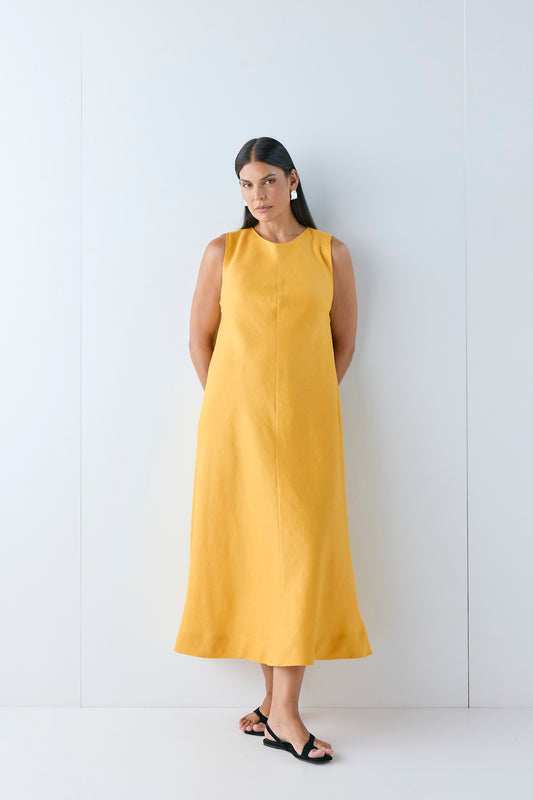 Marina Linen Midi Dress Mustard - size:Ruby:AU 6 / US 2
