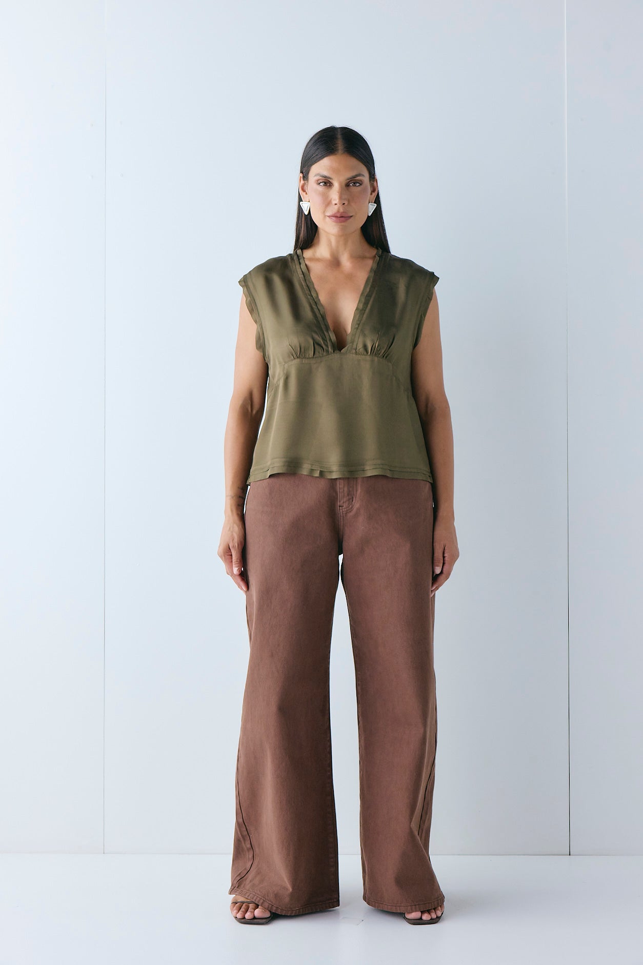 Flores Satin Top Khaki - size:Pala:AU 12 / US 8
