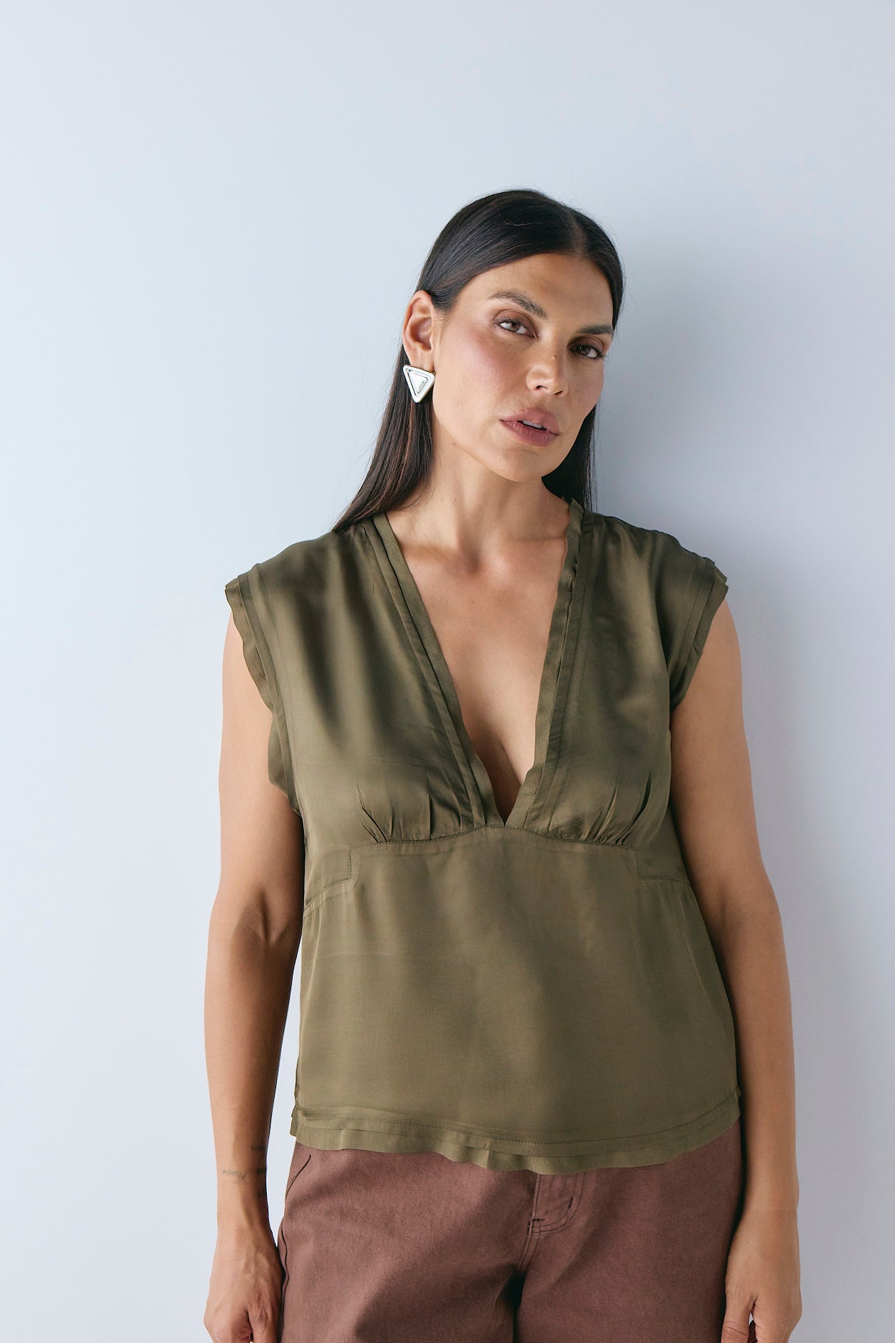 Flores Satin Top Khaki - size:Pala:AU 12 / US 8
