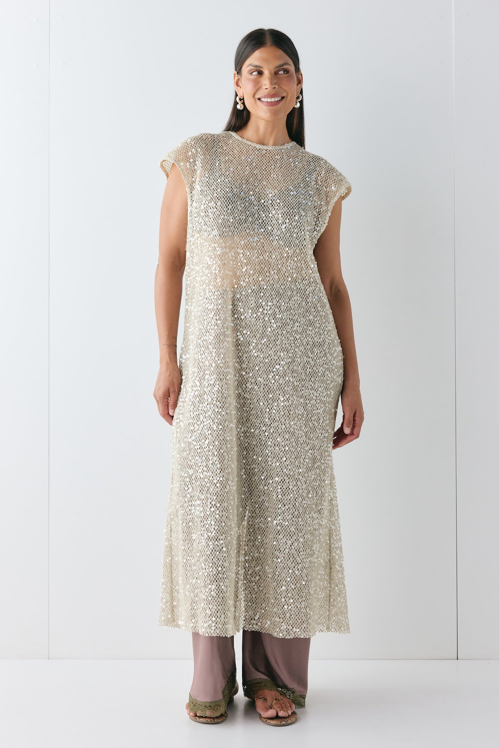 Sabre Sequin Midi Dress Oat - size:Pala:AU 12 / US 8