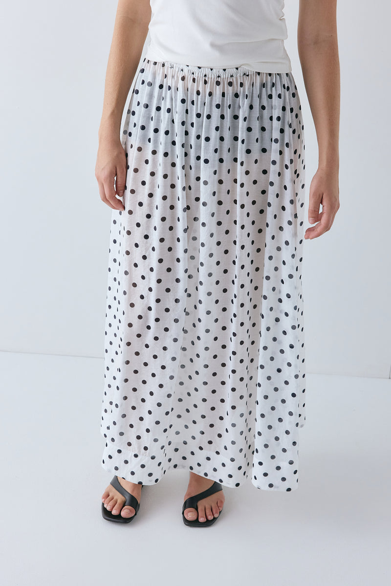 Solara Sheer Midi Skirt White Polka Dot 
