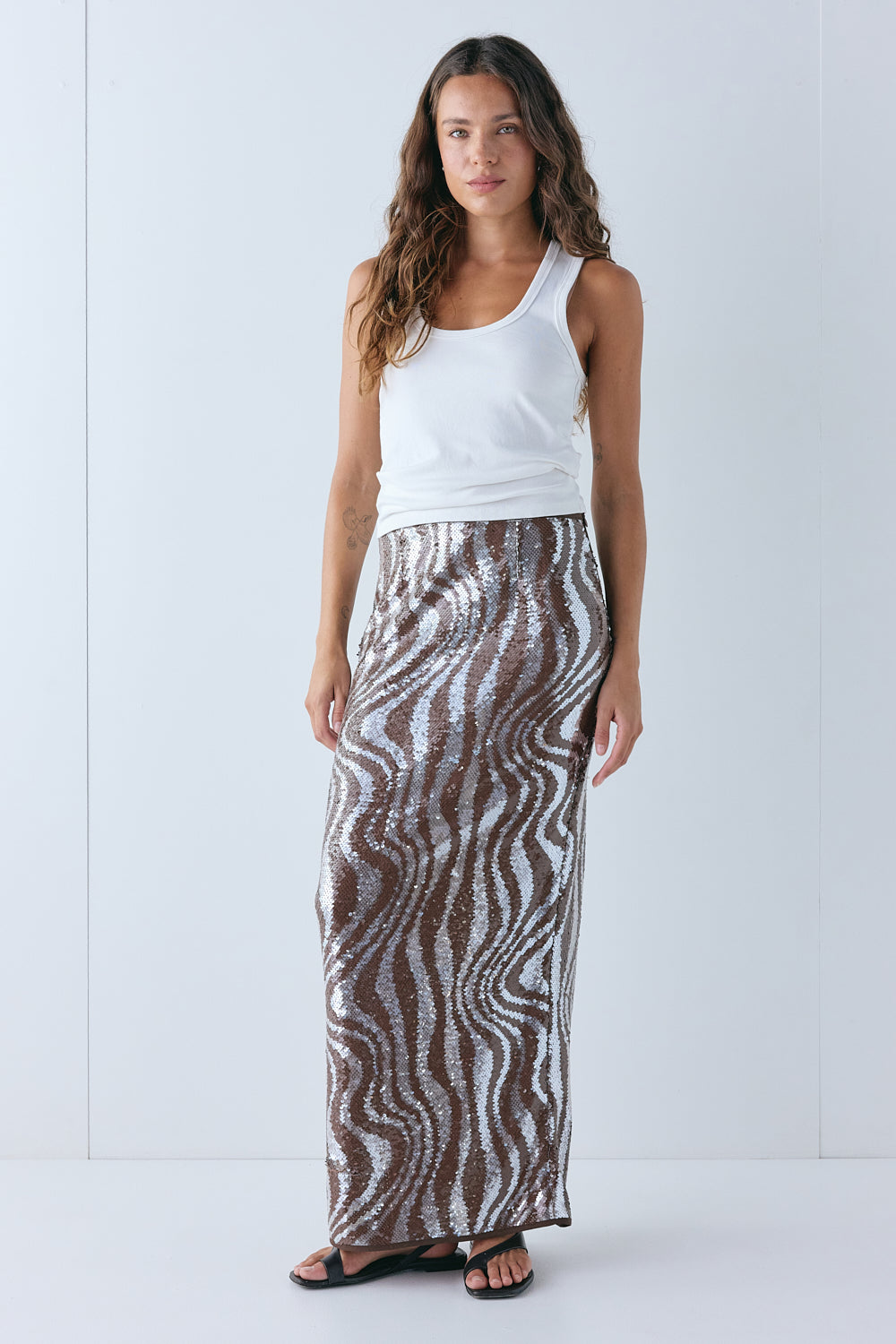 Devyn Sequin Midi Skirt Molten