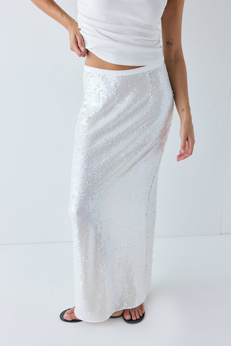 Devyn Sequin Midi Skirt Ivory 