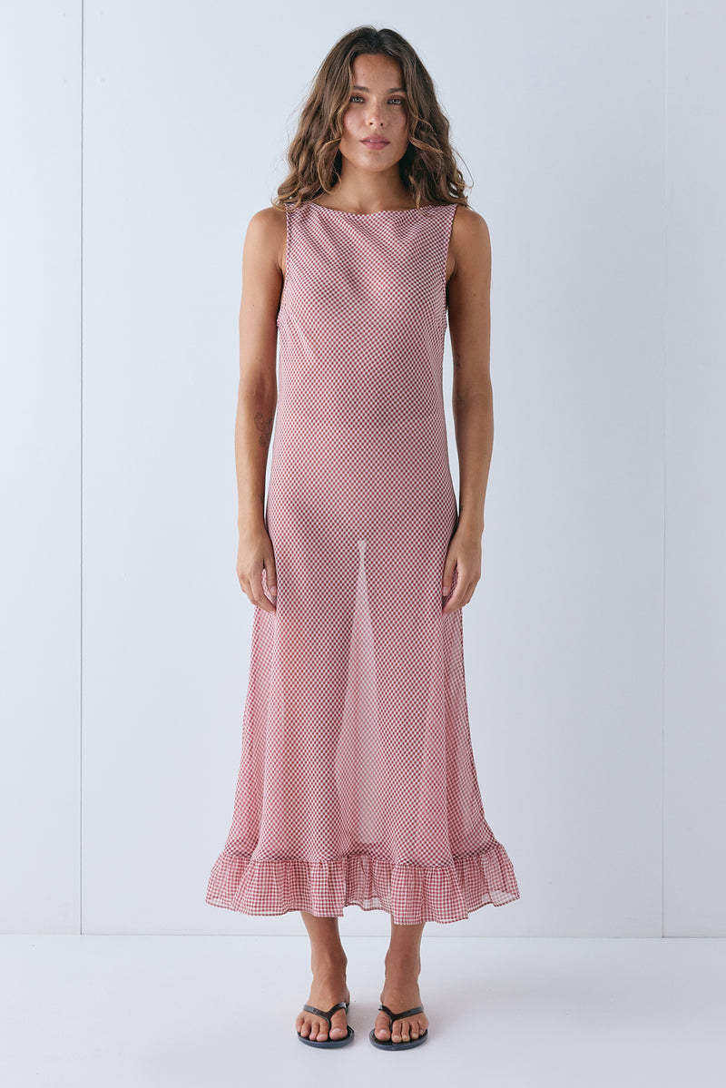 Bambi Sheer Midi Dress Red Check - size:Stephanie:AU 6 / US 2