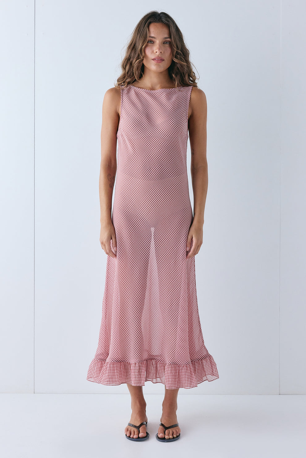 Bambi Sheer Midi Dress Red Check - size:Stephanie:AU 6 / US 2