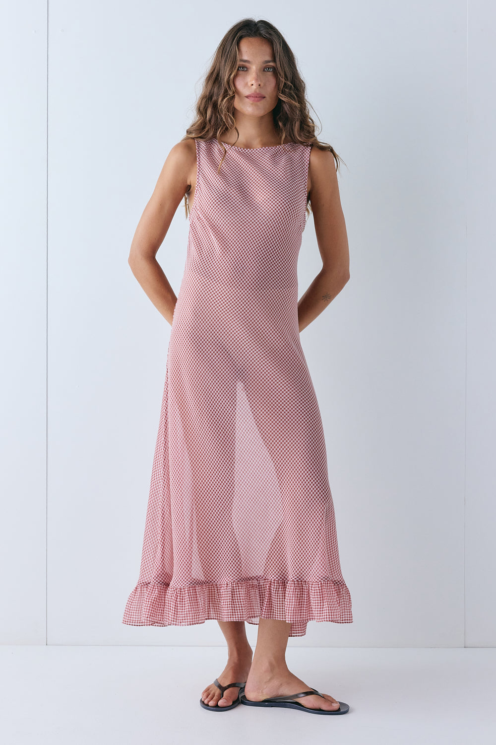 Bambi Sheer Midi Dress Red Check
