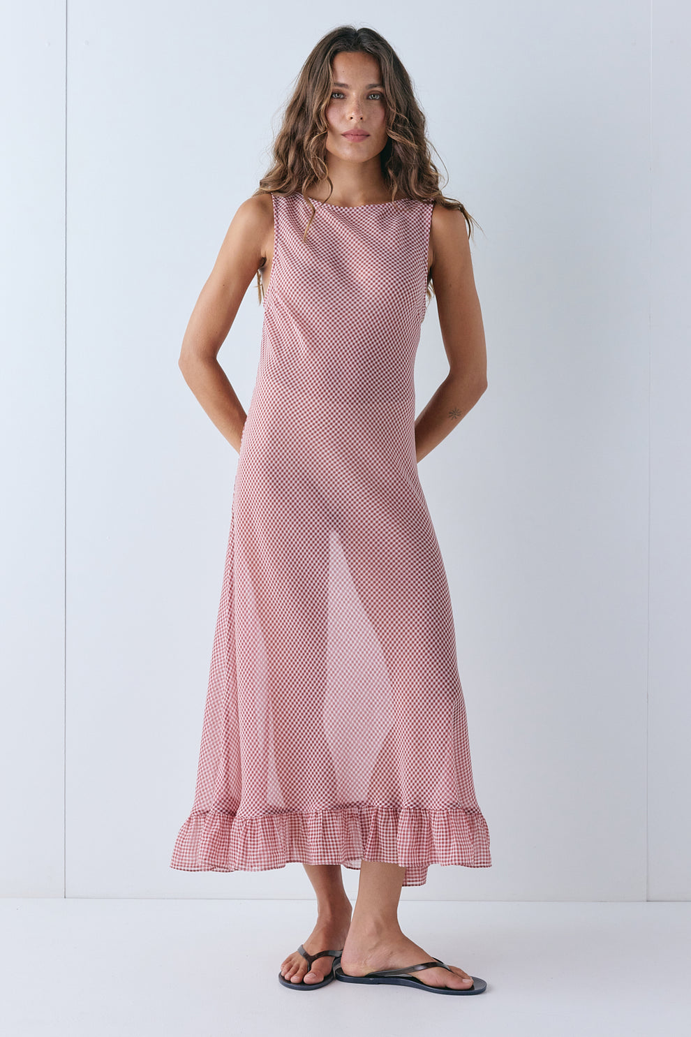Bambi Sheer Midi Dress Red Check