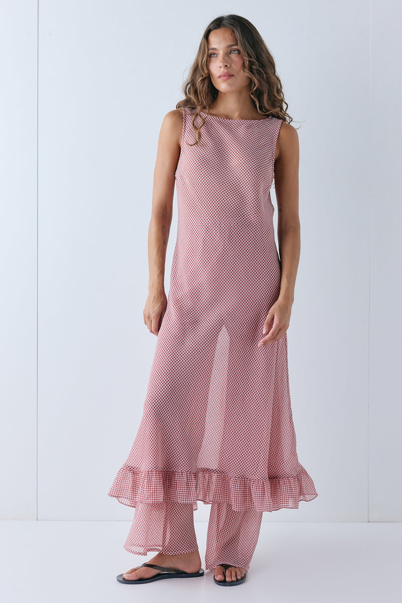 Bambi Sheer Midi Dress Red Check