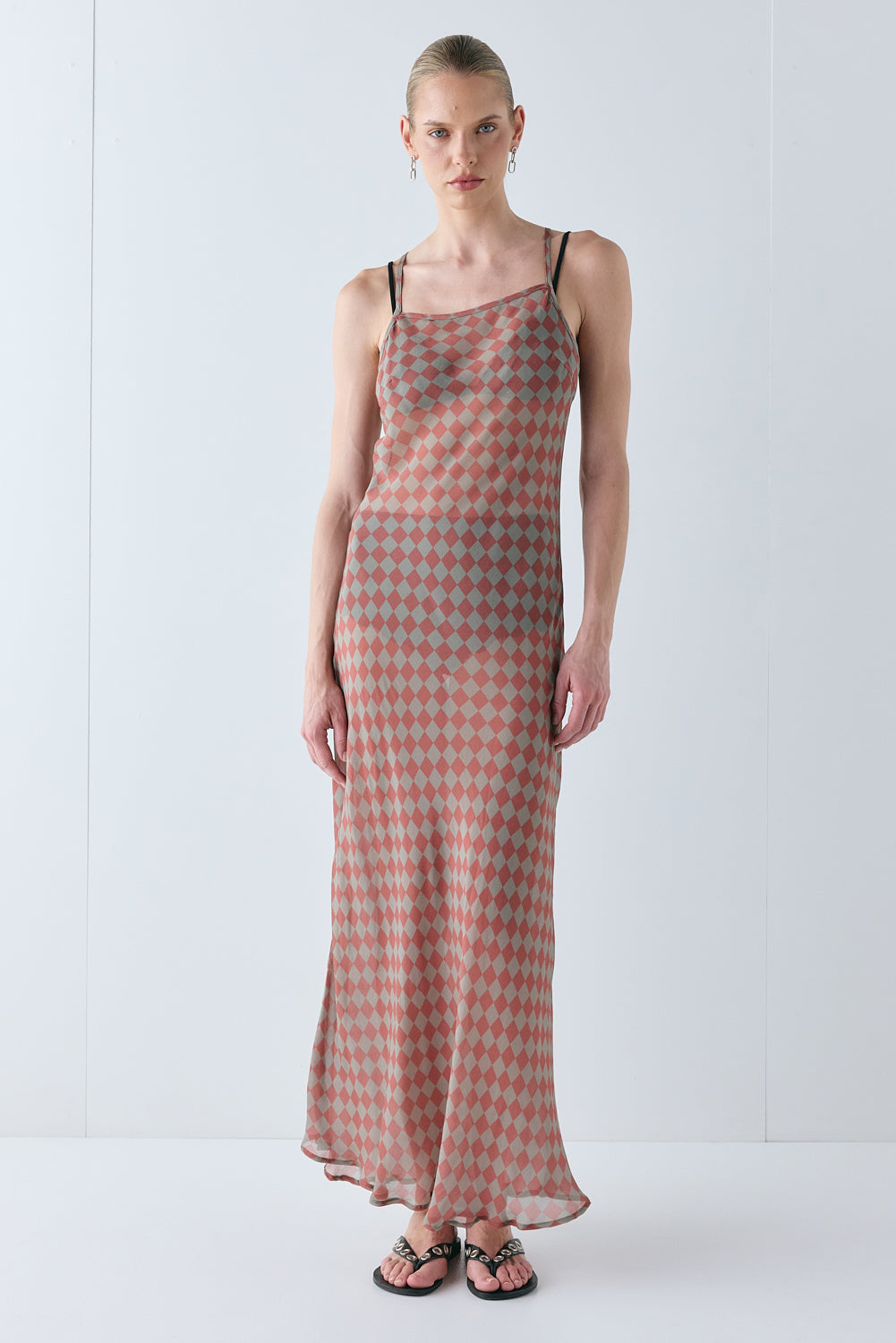 Sacha Sheer Maxi Dress Rust Check - size:Karolina:AU 6 / US 2
