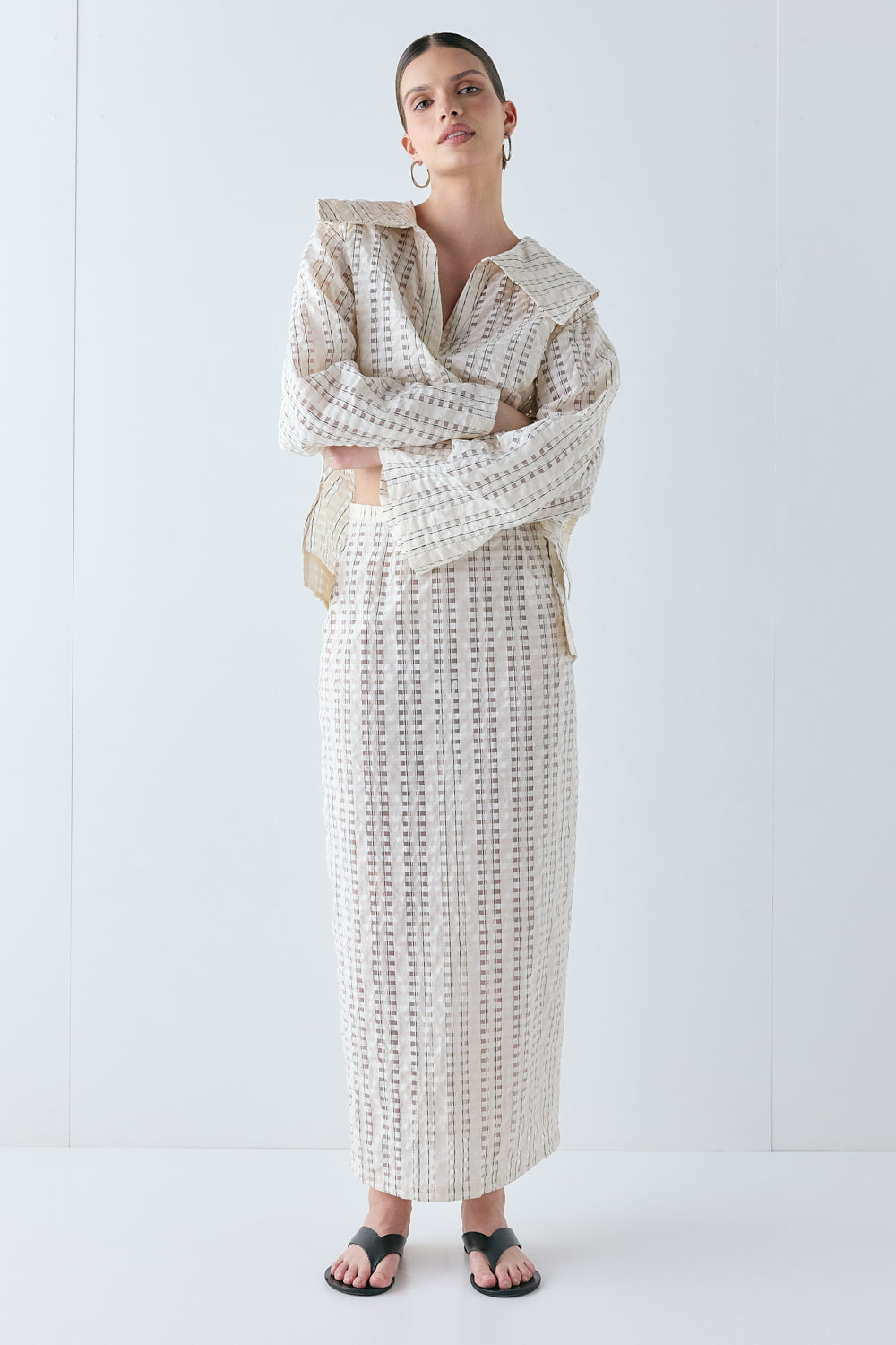 Devyn Sheer Midi Skirt Cream Check