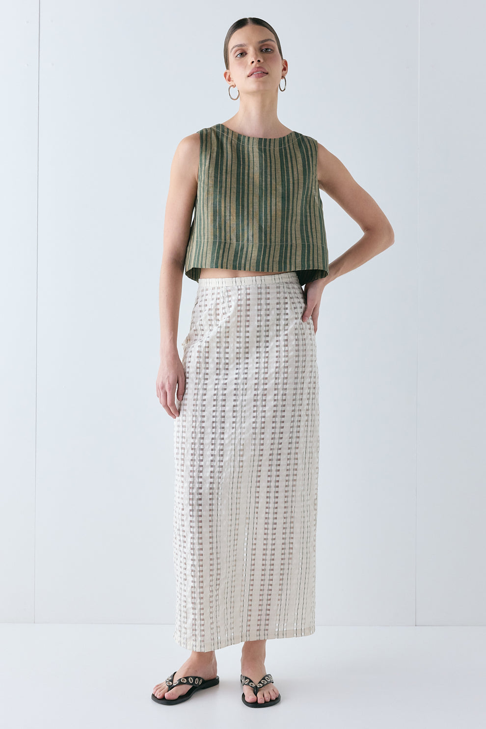 Evie Linen Top Olive Stripe - size:Miah:AU 6 / US 2
