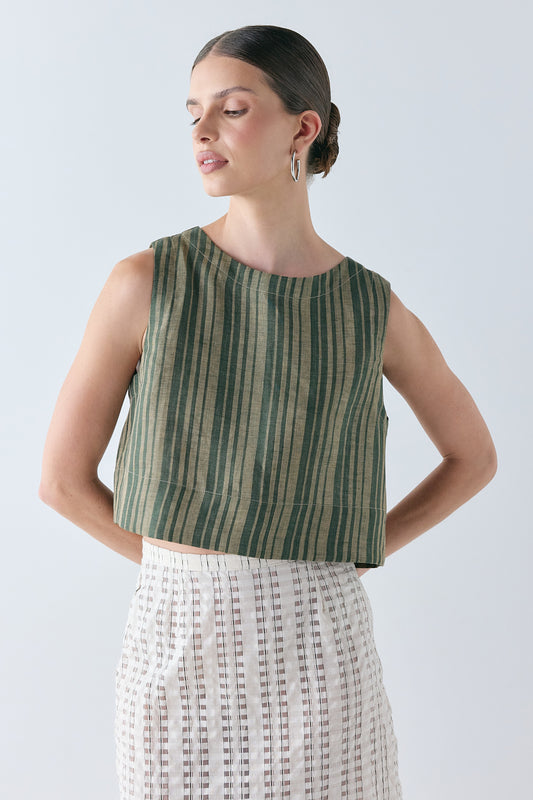 Evie Linen Top Olive Stripe