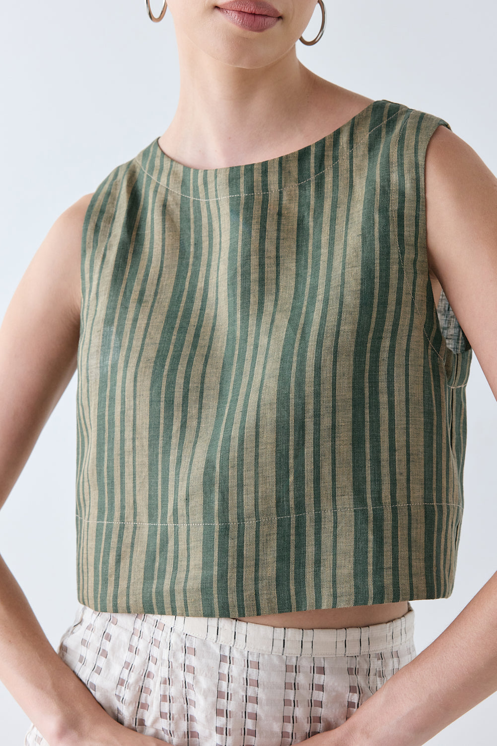 Evie Linen Top Olive Stripe