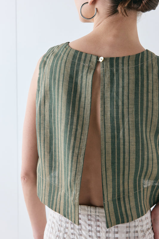 Evie Linen Top Olive Stripe