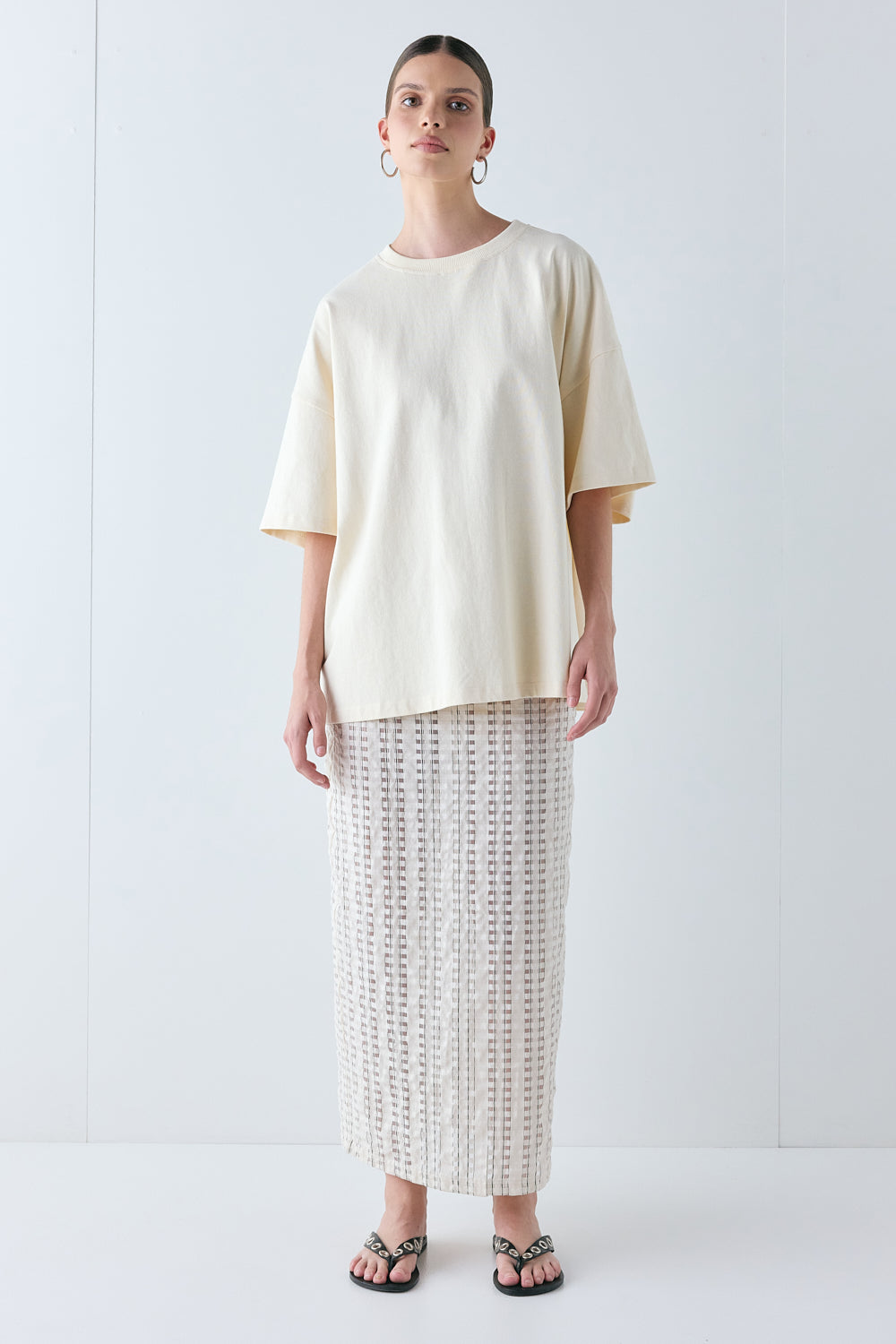 Devyn Sheer Midi Skirt Cream Check