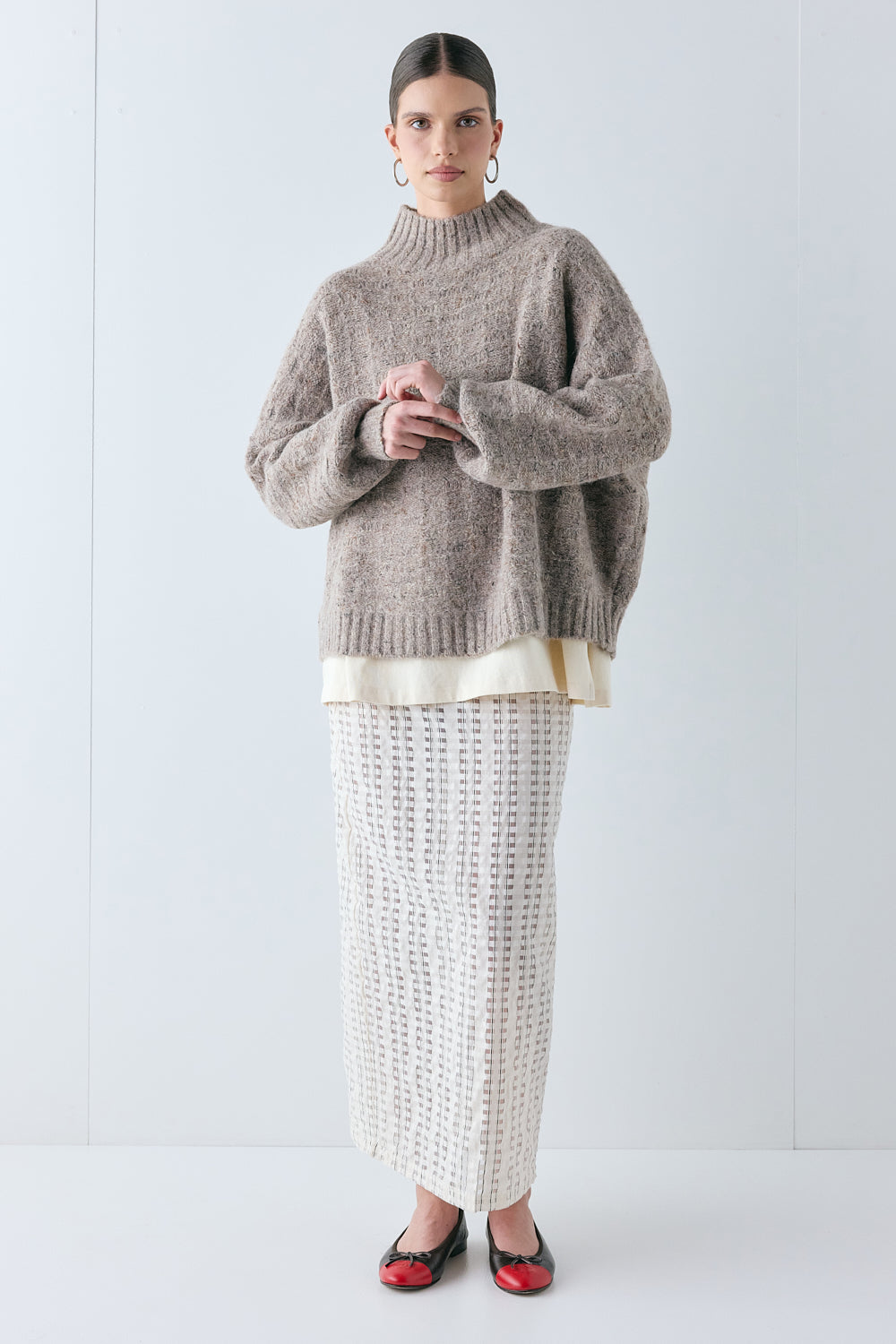 Devyn Sheer Midi Skirt Cream Check