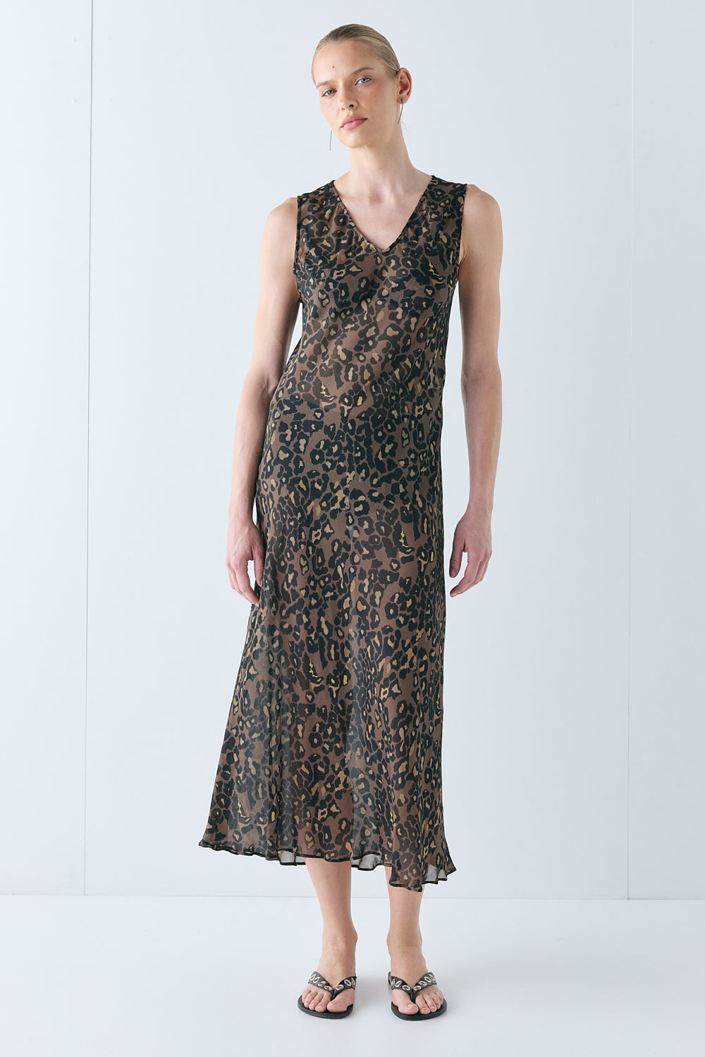 Winona Sheer Midi Dress Brown Leopard - size:Karolina:AU 6 / US 2